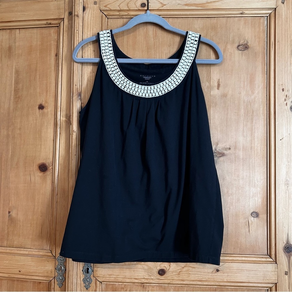 Talbots Women’s Black Pleated Cotton Blend Tank W/ Cream Beaded Neckline Sz 1X